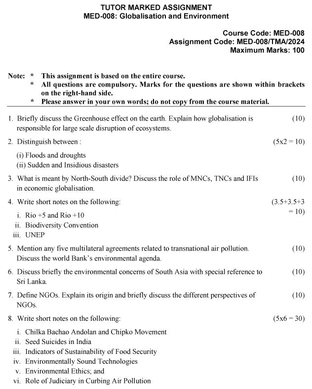 IGNOU MED-08 - Globalisation and Environment Latest Solved Assignment-January 2024 - December 2024