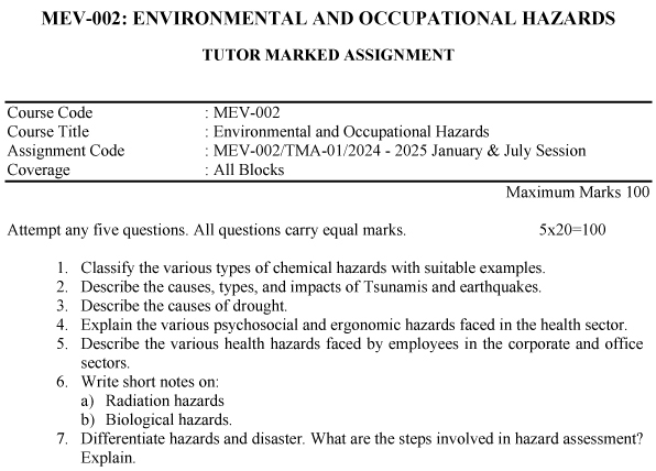 IGNOU MEV-02 - Environmental and Occupational Hazards Latest Solved Assignment -January 2024 - July 2025