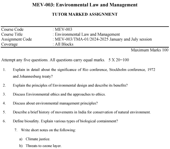 IGNOU MEV-03 - Environmental Law and Management Latest Solved Assignment-January 2024 - July 2025