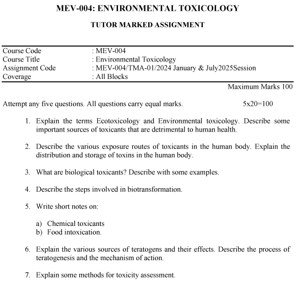 IGNOU MEV-04 - Environmental Toxicology Latest Solved Assignment-January 2024 - July 2025