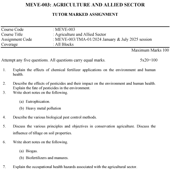 IGNOU MEVE-03 - Agriculture and Allied Sector Latest solved Assignment-January 2024 - July 2025