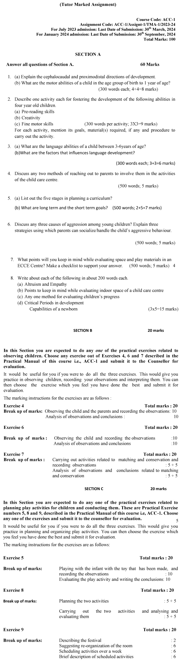 IGNOU ACC-01 - Organising Child Care Services, Latest Solved Assignment-July 2023 – January 2024