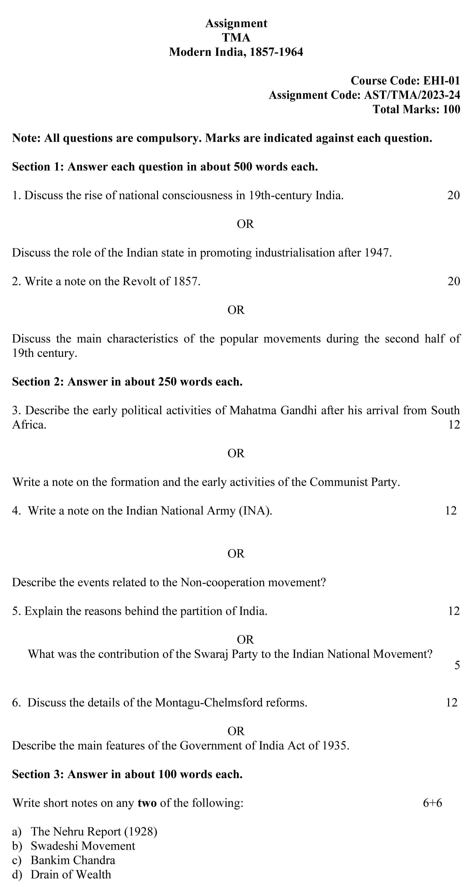IGNOU EHI-01 - Modern India 1857-1964 Latest Solved Assignment-July 2023 - January 2024