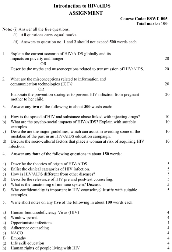 IGNOU BSWE-05 - Introduction to HIV/AIDS, Latest Solved Assignment-July 2023 - January 2024