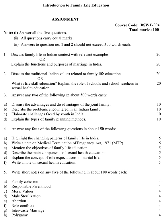 IGNOU BSWE-04 - Introduction to Family Life Education, Latest Solved Assignment-July 2023 - January 2024