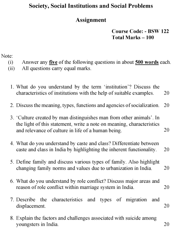 IGNOU BSW-122 - Society, Social Institutions and Social Problems Latest Solved Assignment-July 2023 - January 2024