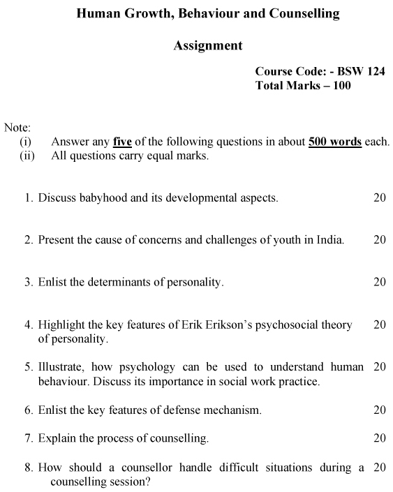 IGNOU BSW-124 - Human Growth, Behaviour and Counselling Latest Solved Assignment-July 2023 - January 2024