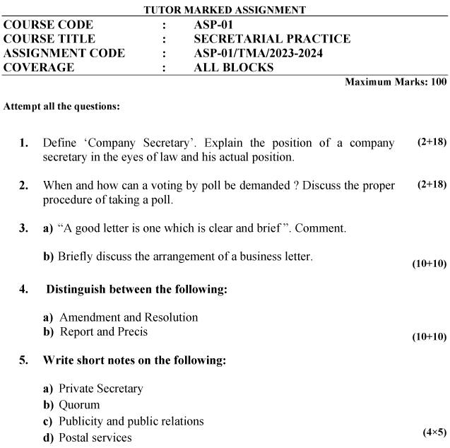 IGNOU ASP-01 - Secretarial Practice, Latest Solved Assignment-July 2023 - January 2024