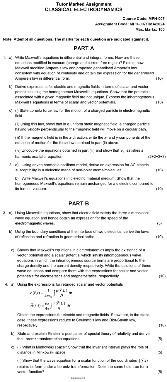 IGNOU MPH-07 - Classical Electrodynamics Latest Solved Assignment-January 2024 - December 2024