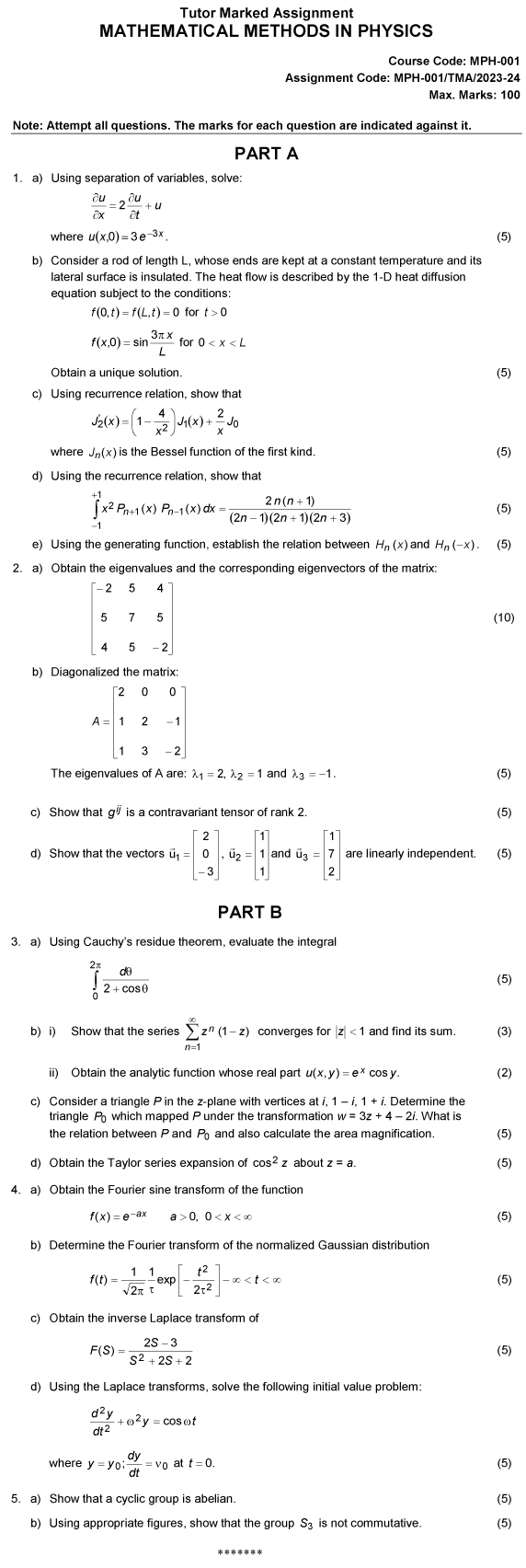 IGNOU MPH-01 - Mathematical Methods in Physics Latest Solved Assignment-July 2023 - June 2024