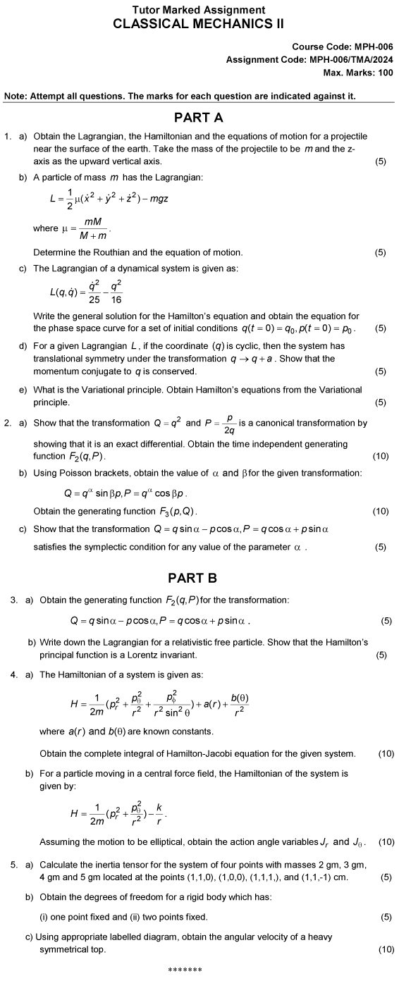 IGNOU MPH-06 - Classical Mechanics II Latest Solved Assignment-January 2024 - December 2024