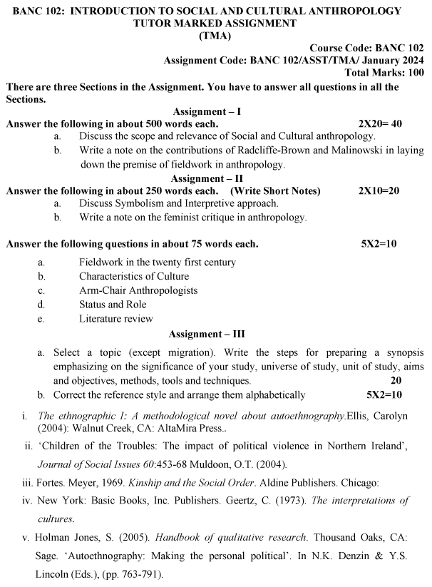 IGNOU BANC-102 (BSCFAN) - Introduction to Social and Cultural Anthropology Latest Solved Assignment-January 2024 - July 2024