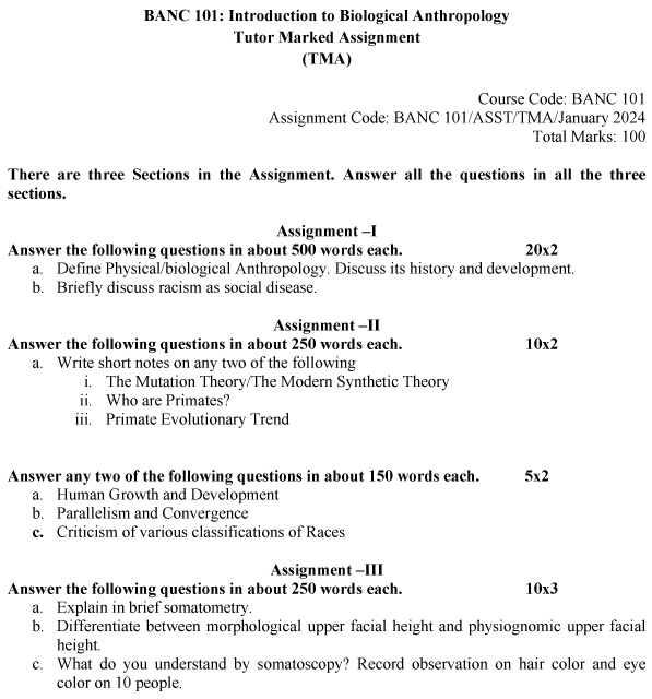 IGNOU BANC-101 (BSCFAN) - Introduction to Biological Anthropology Latest Solved Assignment-January 2024 - July 2024