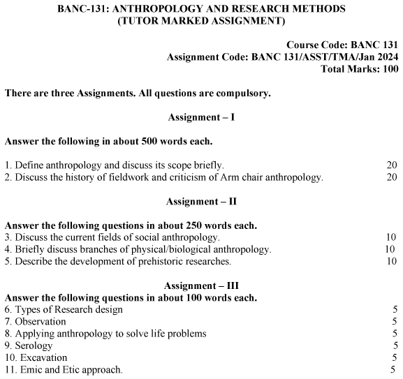 IGNOU BANC-131 (BAM) - Anthropology and Research Methods Latest Solved Assignment-January 2024 - July 2024