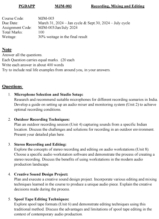 IGNOU MJM-03 - Recording and Editing Latest Solved Assignment-January 2024 - July 2024