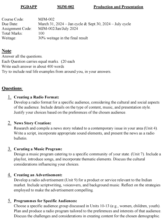 IGNOU MJM-02 - Production and Presentation Latest Solved Assignment-January 2024 - July 2024