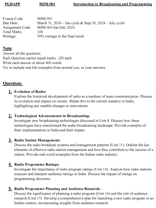 IGNOU MJM-01 - Introduction to Broadcasting and Programming Latest Solved Assignment-January 2024 - July 2024