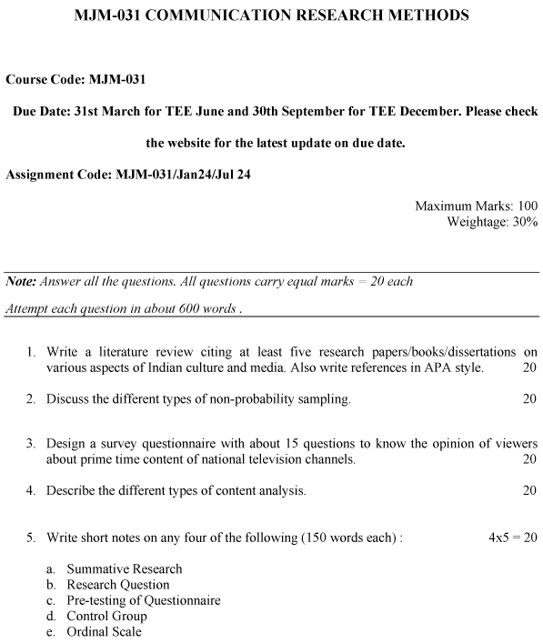 IGNOU MJM-31 - Communication Research Methods Latest Solved Assignment-January 2024 - July 2024