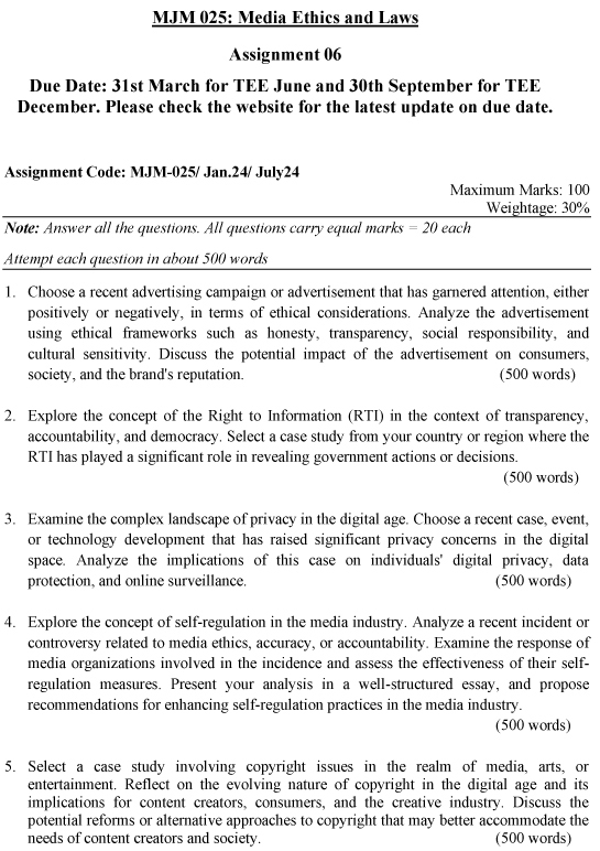 IGNOU MJM-25 - Media Ethics and Laws, Latest Solved Assignment-January 2024 - July 2024