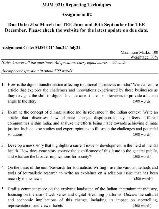 IGNOU MJM-21 - Reporting Techniques, Latest Solved Assignment-January 2024 - July 2024