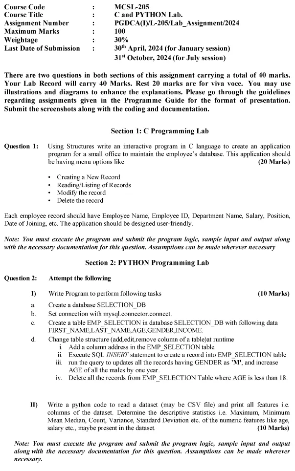 IGNOU MCSL-205 - C and Python Lab, Latest Solved Assignment-January 2024 - July 2024