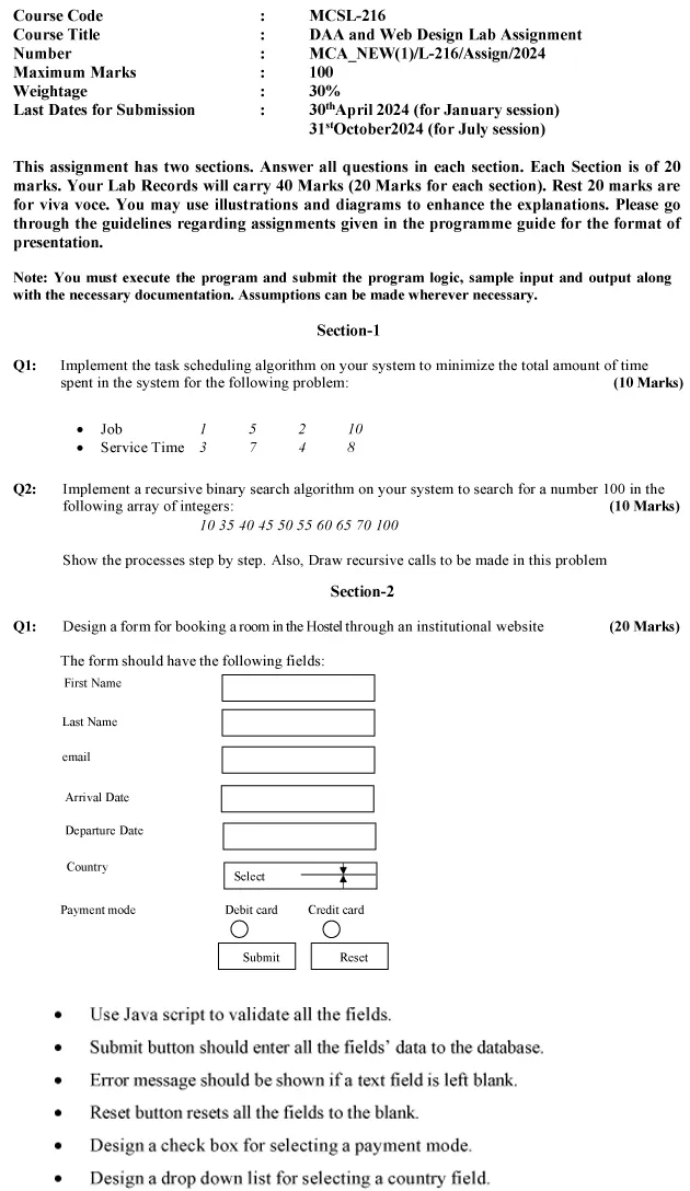 IGNOU MCSL-216 - DAA and Web Design Lab, Latest Solved Assignment-January 2024 - July 2024