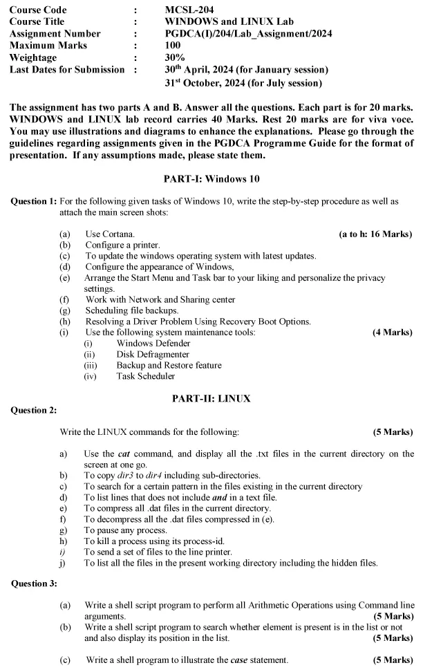 IGNOU MCSL-204 - WINDOWS and LINUX Lab Latest Solved Assignment-January 2024 - July 2024