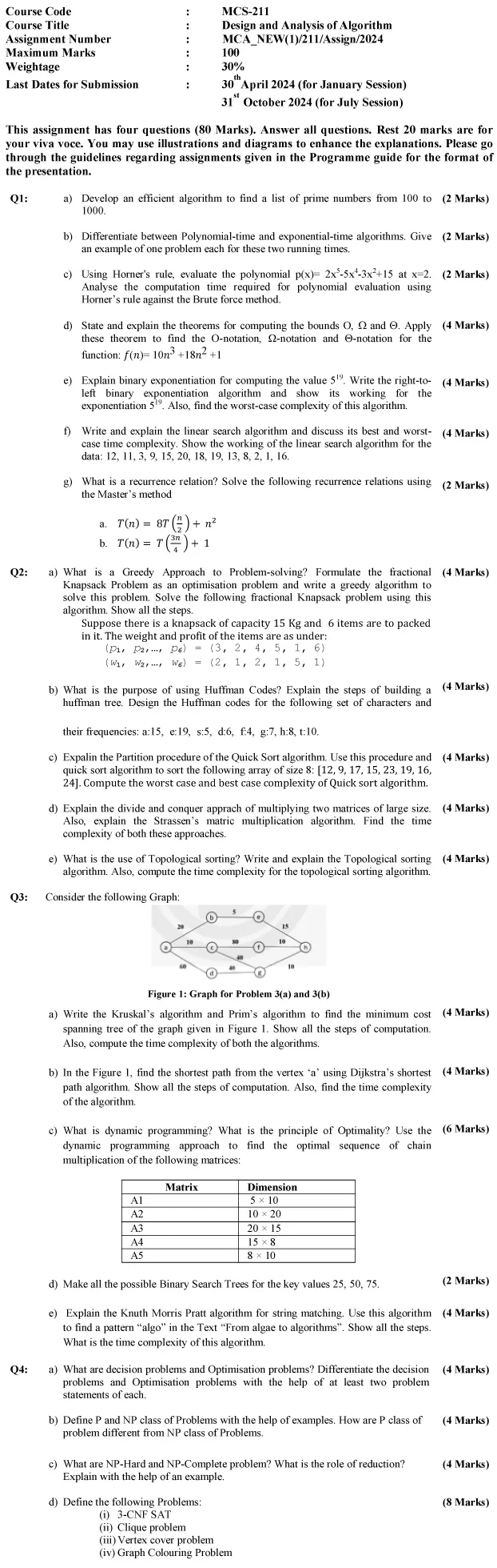 IGNOU MCS-211 - Design and Analysis of Algorithm Latest Solved Assignment-January 2024 - July 2024