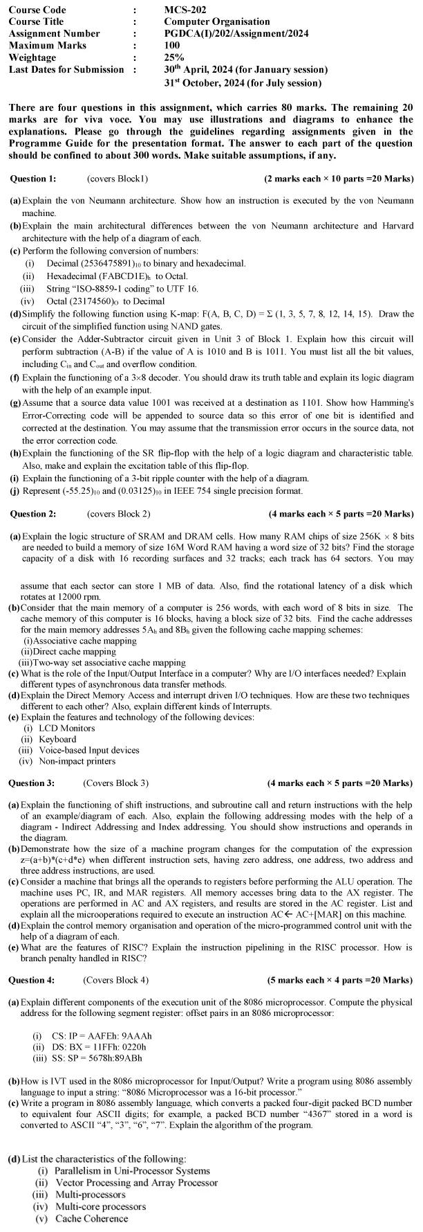 IGNOU MCS-202 - Computer Organisation, Latest Solved Assignment-January 2024 - July 2024