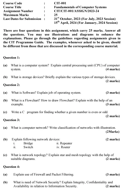 IGNOU CIT-01 - Fundamentals of Computer Systems Latest Solved Assignment-July 2023 - January 2024