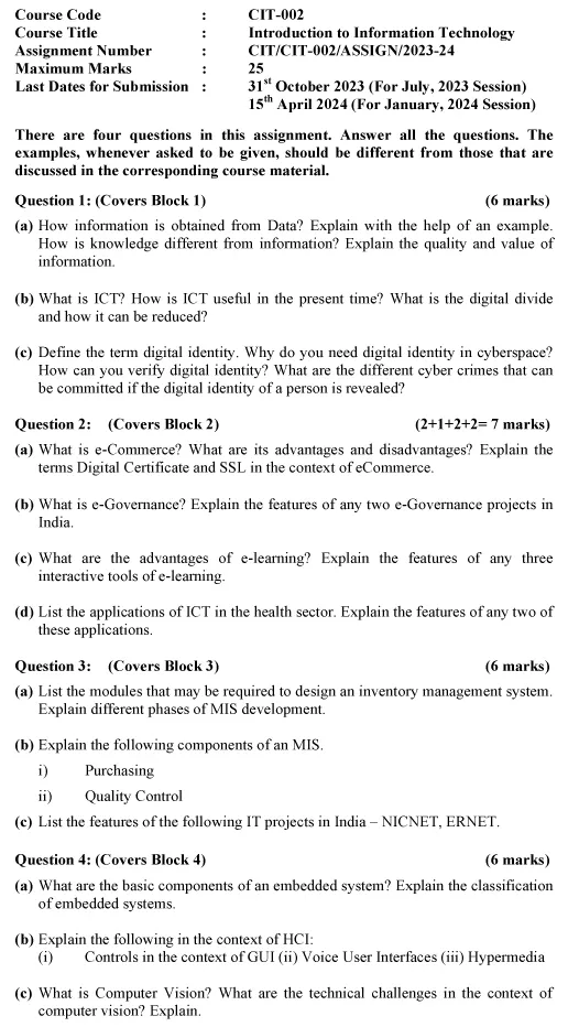 IGNOU CIT-02 - Introduction to Information Technology Latest Solved Assignment-July 2023 - January 2024