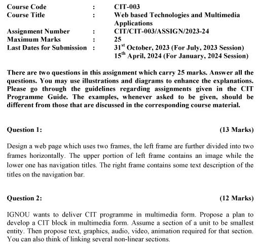 IGNOU CIT-03 - Web based Technologies & Multimedia Applications Latest Solved Assignment-July 2023 - January 2024