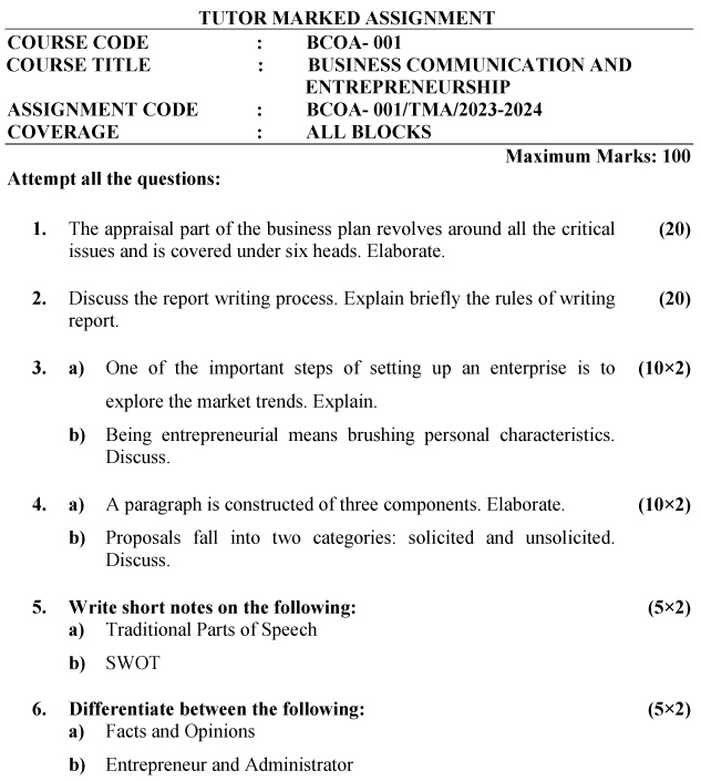 BCOA-01 - Business Communication and Entrepreneurship-July 2023 - January 2024