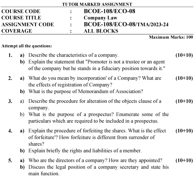 IGNOU BCOE-108 - Company Law, Latest Solved Assignment-July 2023 - January 2024