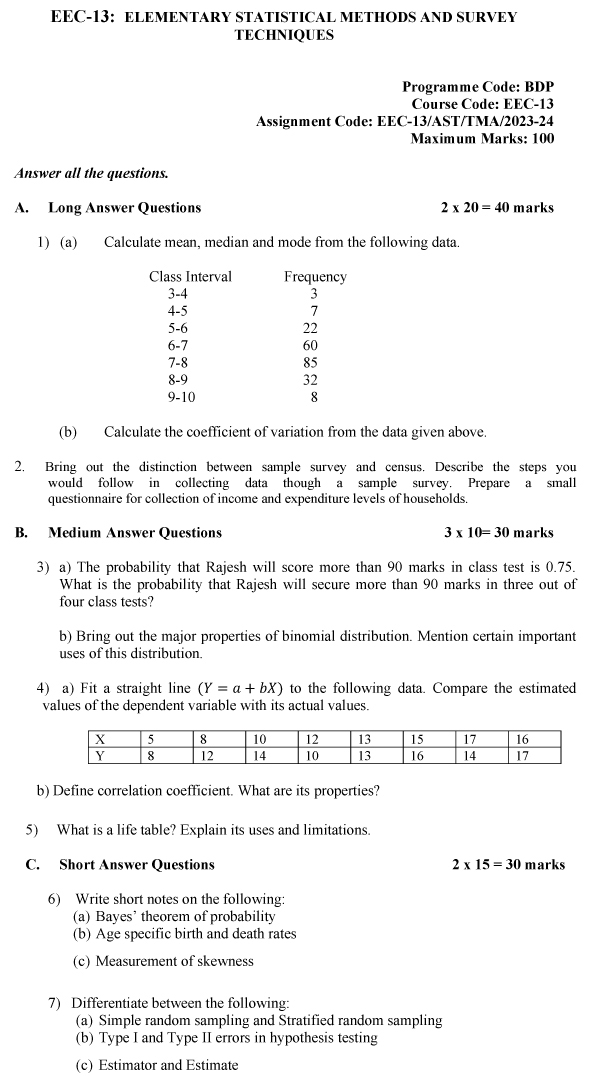 EEC-13 - Elementary Statistical Methods and Survey Techniques-July 2023 - January 2024