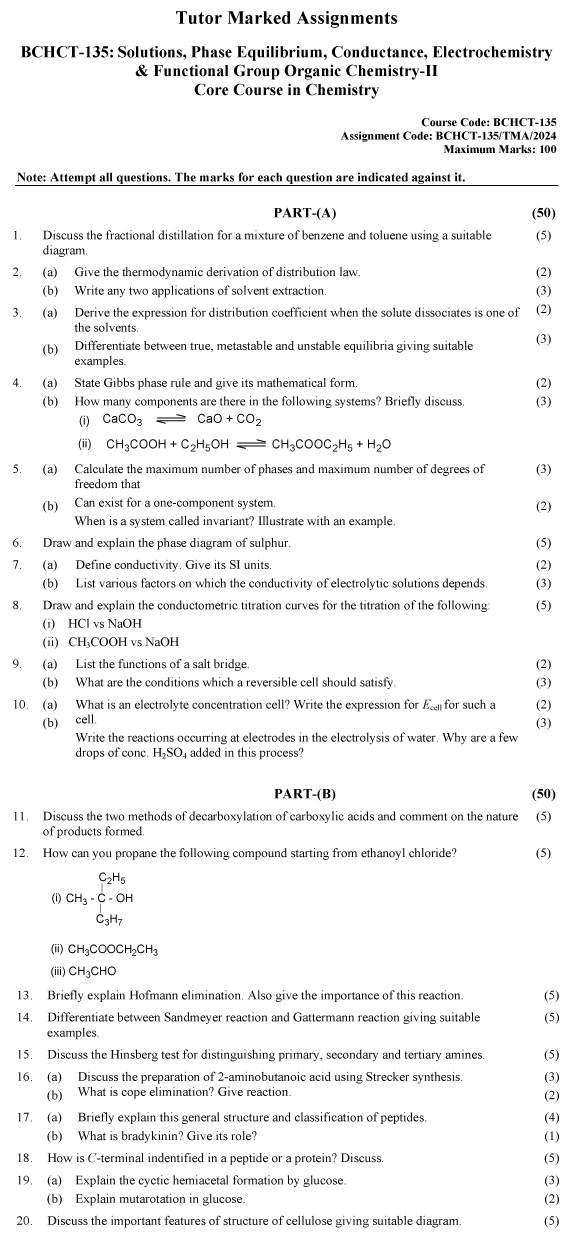 BCHCT-135 - Solutions, Phase equilibrium, Conductance, Electrochemistry and Functional Group Organic Chemistry-II-January 2024 - December 2024