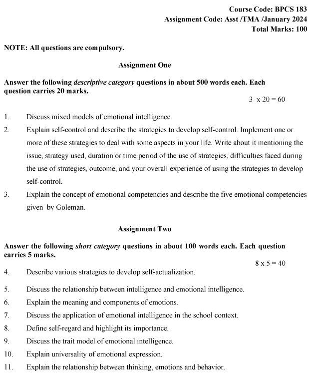 IGNOU BPCS-183 (BAM) - Emotional Intelligence, Latest Solved Assignment-January 2024 - July 2024