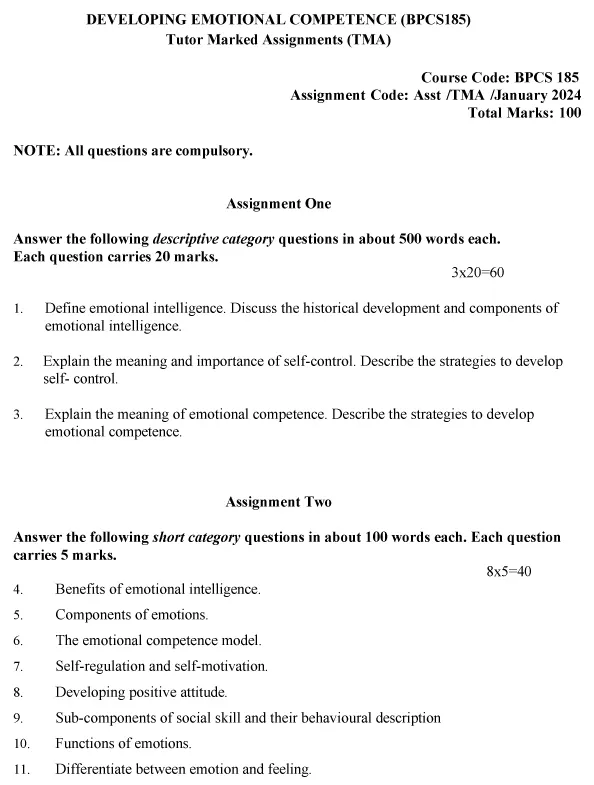 IGNOU BPCS-185 (BAM) - Developing Emotional Competence, Latest Solved Assignment-January 2024 - July 2024