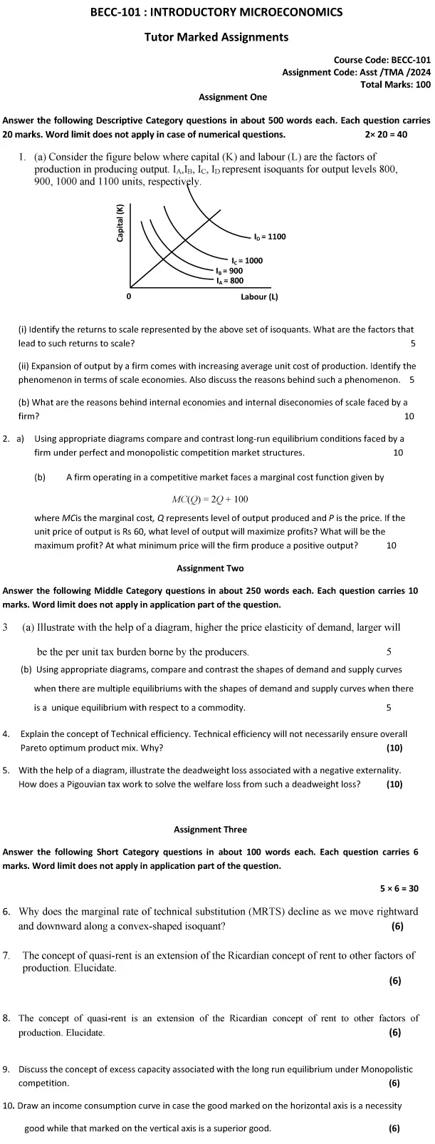 IGNOU BECC-101  (BAFEC) - Introductory Microeconomics Latest Solved Assignment-January 2024 - July 2024