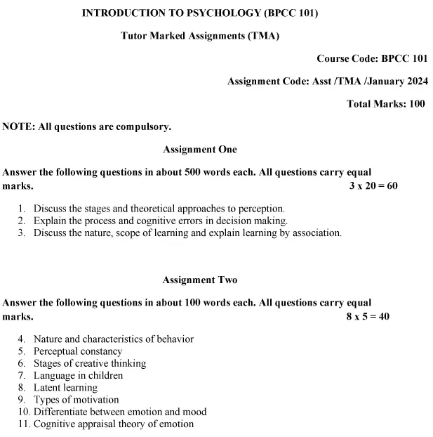 IGNOU BPCC-101 (BAFPC) - General Psychology, Latest Solved Assignment Latest Solved Assignment-January 2024 - July 2024