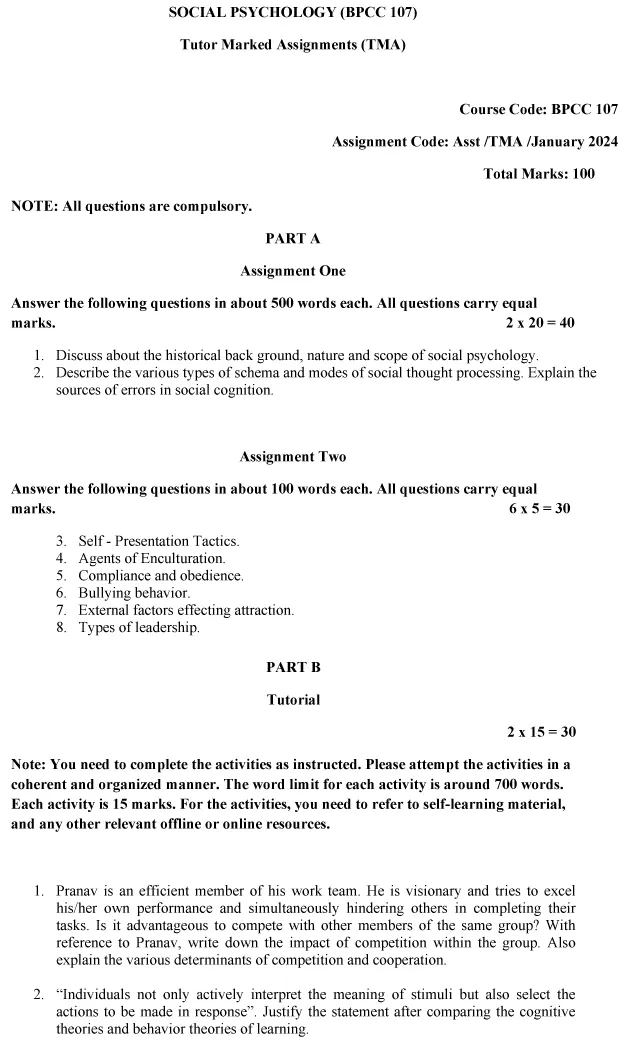 IGNOU BPCC-107 (BAFPC) - Social Psychology Latest Solved Assignment-January 2024 - July 2024