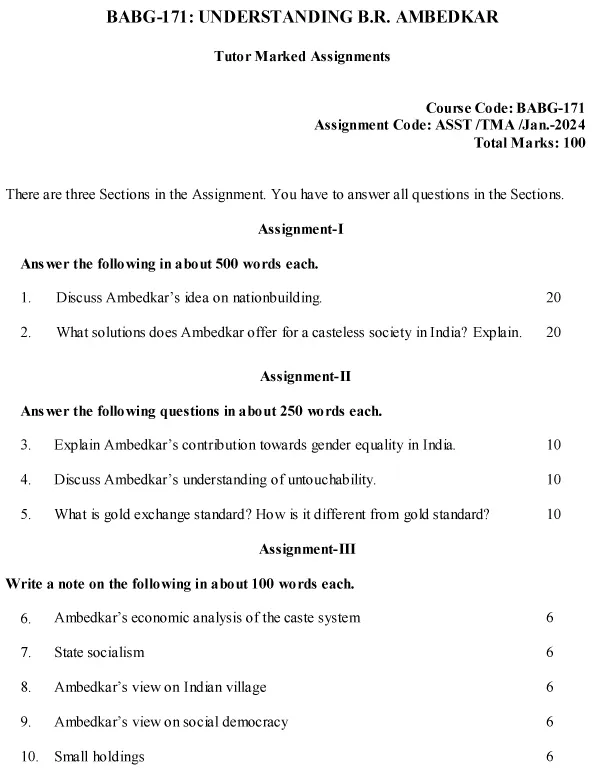 IGNOU BABG-171 (BAM) - Understanding Ambedkar Latest Solved Assignment-January 2024 - July 2024