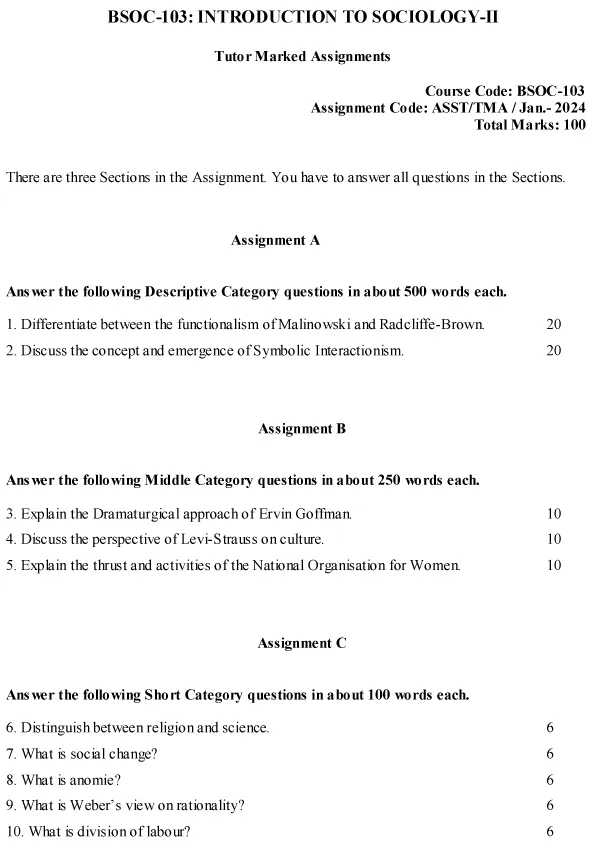 IGNOU BSOC-103 (BAFSO) - Introduction to Sociology-II, Latest Solved Assignment-January 2024 - July 2024