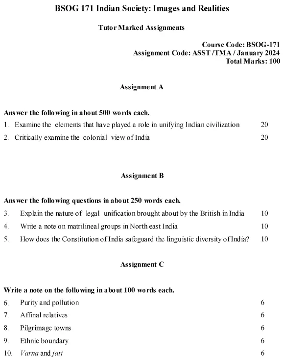 IGNOU BSOG-171 (BAM) - Indian Society: Images and Realities Latest Solved Assignment-January 2024 - July 2024