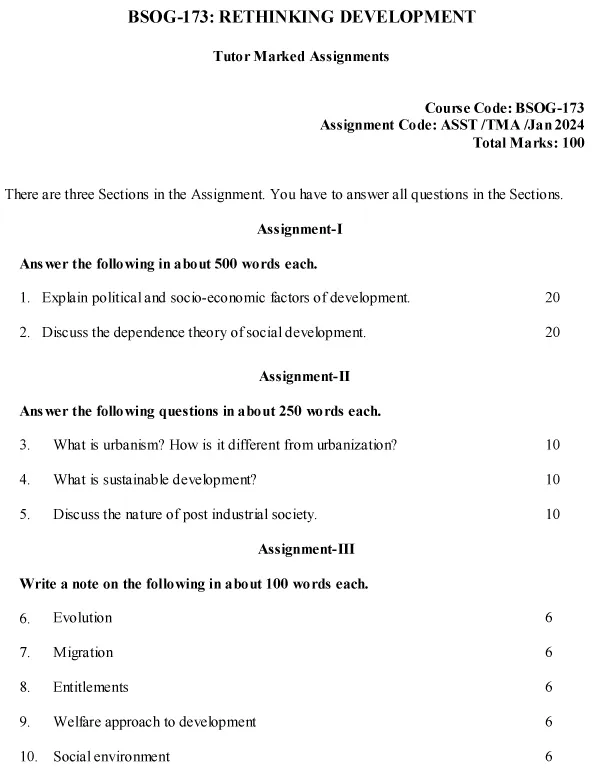 IGNOU BSOG-173 (BAM) - Rethinking Development, Latest Solved Assignment-January 2024 - July 2024