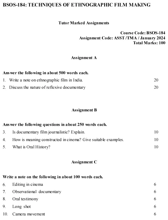 IGNOU BSOS-184 (BAM) - Techniques of Ethnographic Film Making, Latest Solved Assignment-January 2024 - July 2024