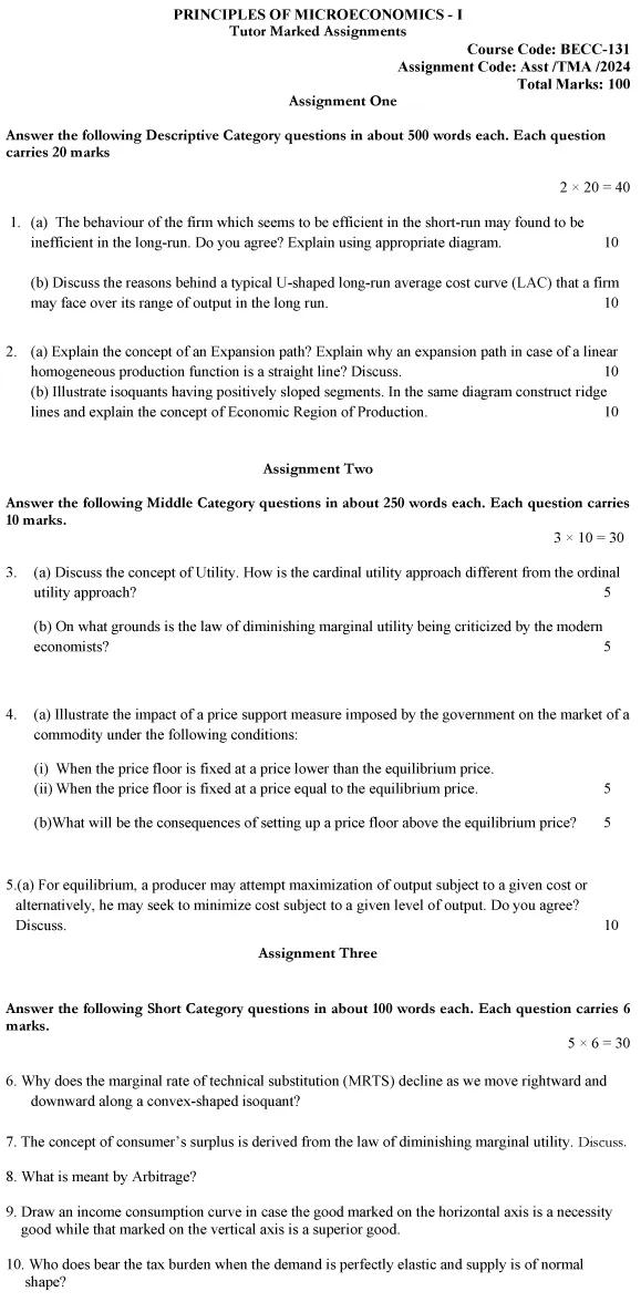 IGNOU BECC-131 (BAM) - Principles of Microeconomics-I Latest Solved Assignment-January 2024 - July 2024