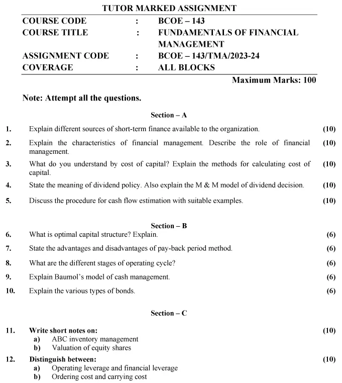 IGNOU BCOE-143 - Fundamentals of Financial Management, Latest Solved Assignment-July 2023 - January 2024