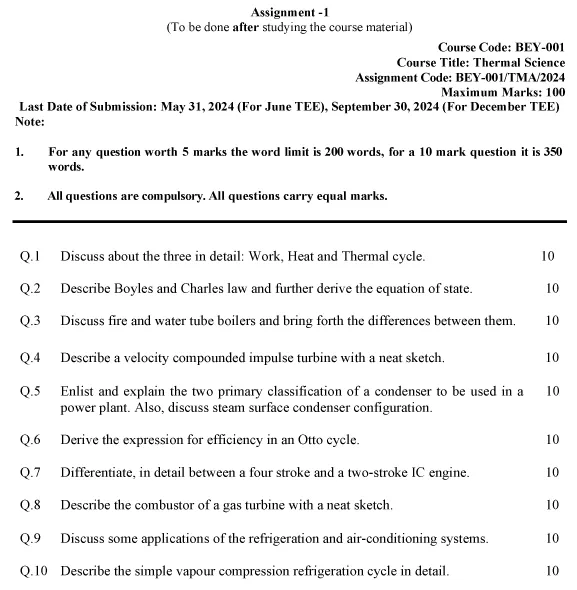 IGNOU BEY-01 - Thermal Science Latest Solved Assignment-January 2024 - July 2024