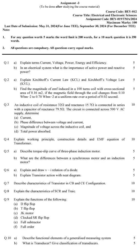 IGNOU BEY-12 - Electrical and Electronic Sciences Latest Solved Assignment-January 2024 - July 2024